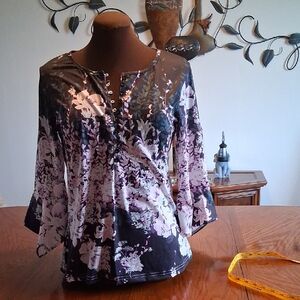 Floral Lace-Up V-Neck Blouse in Black and Lavender